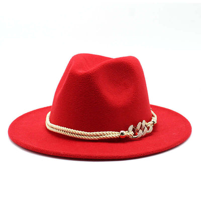 Women’s red woolen fedora hat with a golden rope accent from BONEHEAD PRO-CREATIONS, perfect vintage accessory.