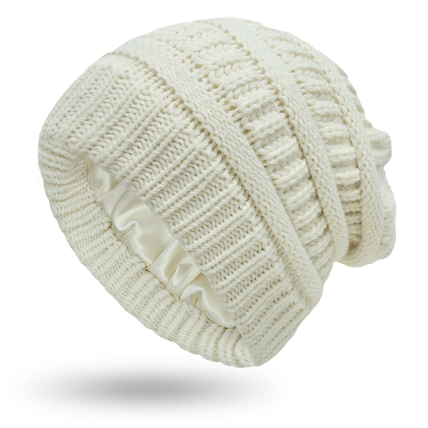 Warm white knitted hat with satin lining, suitable for protective hairstyles, designed by BONEHEAD PRO-CREATIONS.