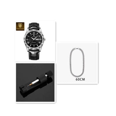 Luxury men's watch by BONEHEAD PRO-CREATIONS with a black leather strap and a 60cm silver chain necklace.