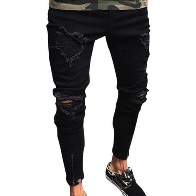 Men's black ripped pencil jeans with high elasticity, perfect for casual leisure wear.