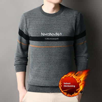 Men's winter fleece-lined pullover sweater with velvet thickening, featuring a simple design and long sleeves.