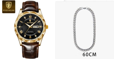 Luxury quartz wrist watch with brown leather strap and gold case next to a silver chain necklace 60CM.