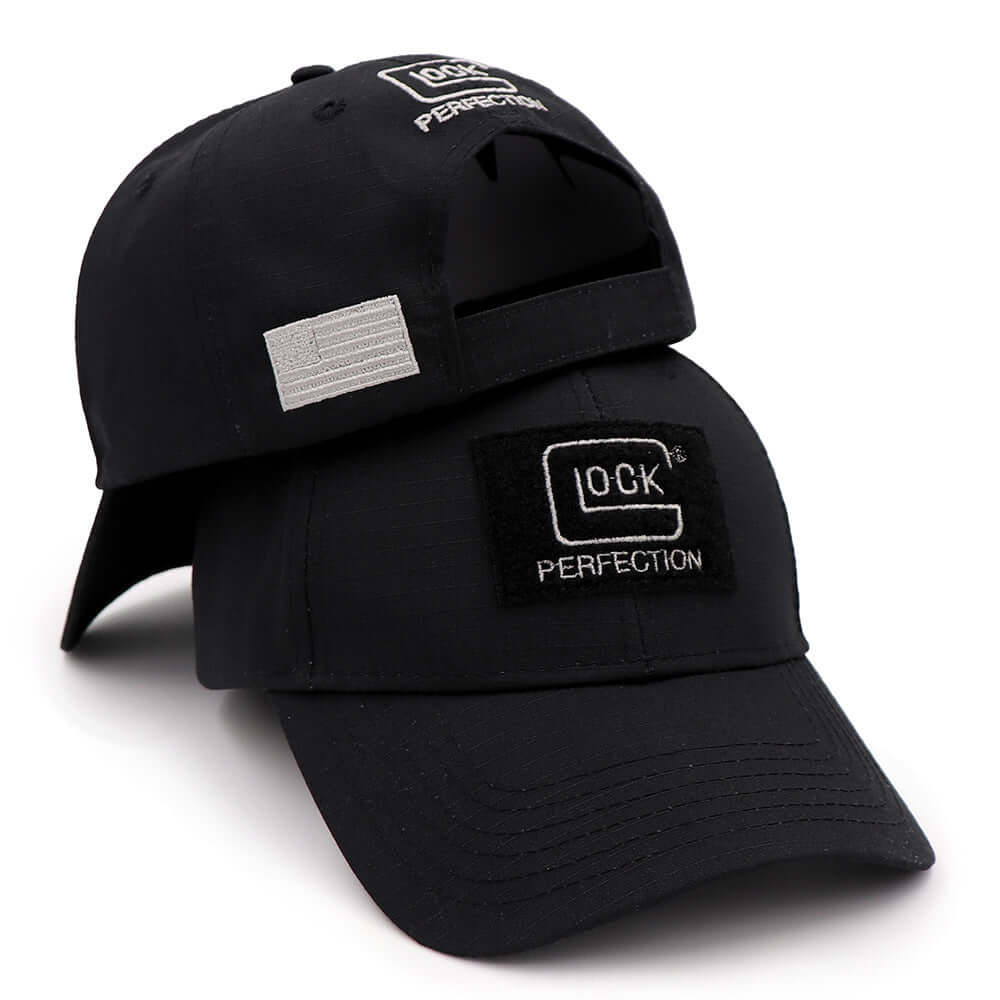 Black adjustable baseball cap for men and women featuring 'LOCK PERFECTION' embroidery, perfect for casual wear.