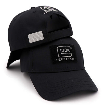 Black adjustable baseball cap for men and women featuring 'LOCK PERFECTION' embroidery, perfect for casual wear.