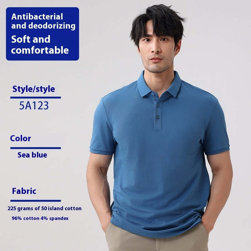 Men's sea blue short sleeve polo shirt made of 96% cotton, antibacterial, soft, and comfortable for summer wear.