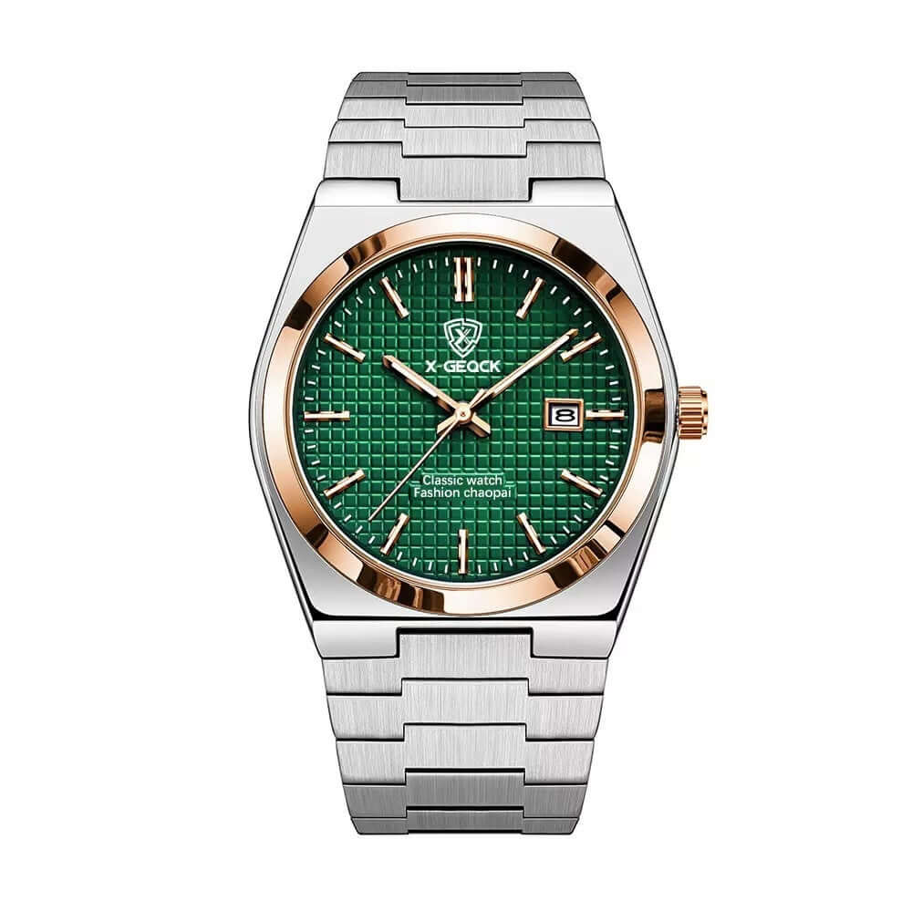 Men's Quartz Fashion Wrist Watch with Green Dial and Steel Belt - BONEHEAD PRO-CREATIONS