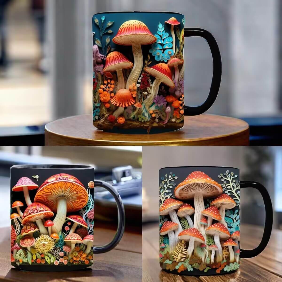 Colorful ceramic mugs featuring vibrant magic mushroom designs, perfect for stylish gifting.