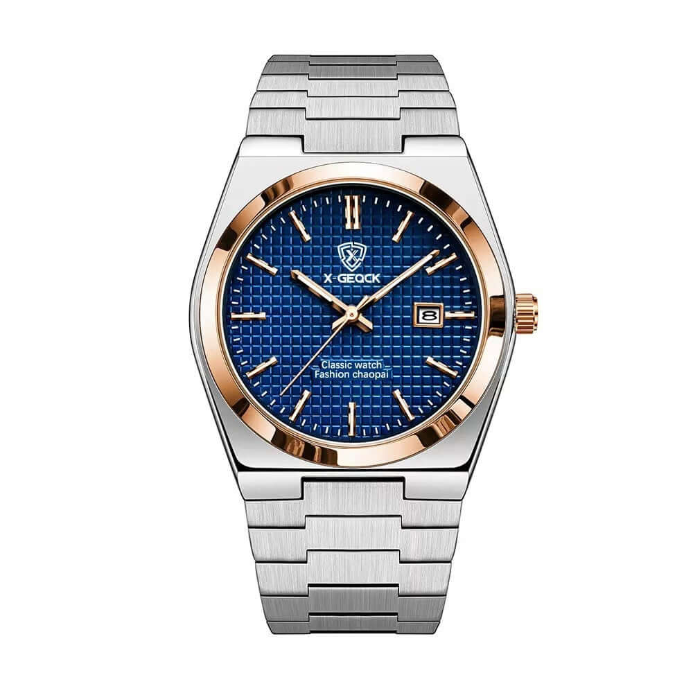 Men's quartz wrist watch with blue dial and rose gold accents, stainless steel band, stylish and functional.