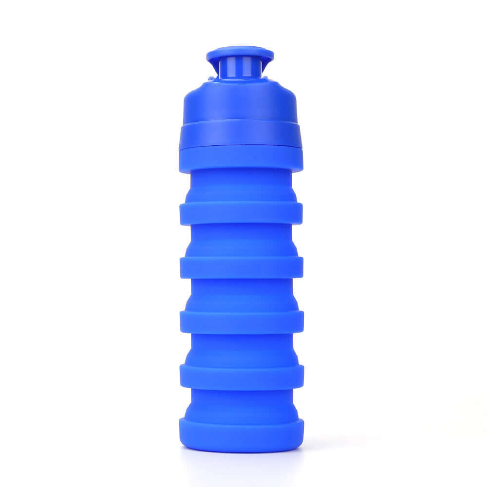 Collapsible blue water bottle made of safe materials, perfect for mountaineering and outdoor activities.