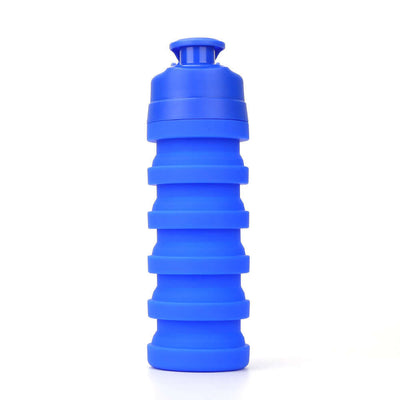 Collapsible blue water bottle made of safe materials, perfect for mountaineering and outdoor activities.