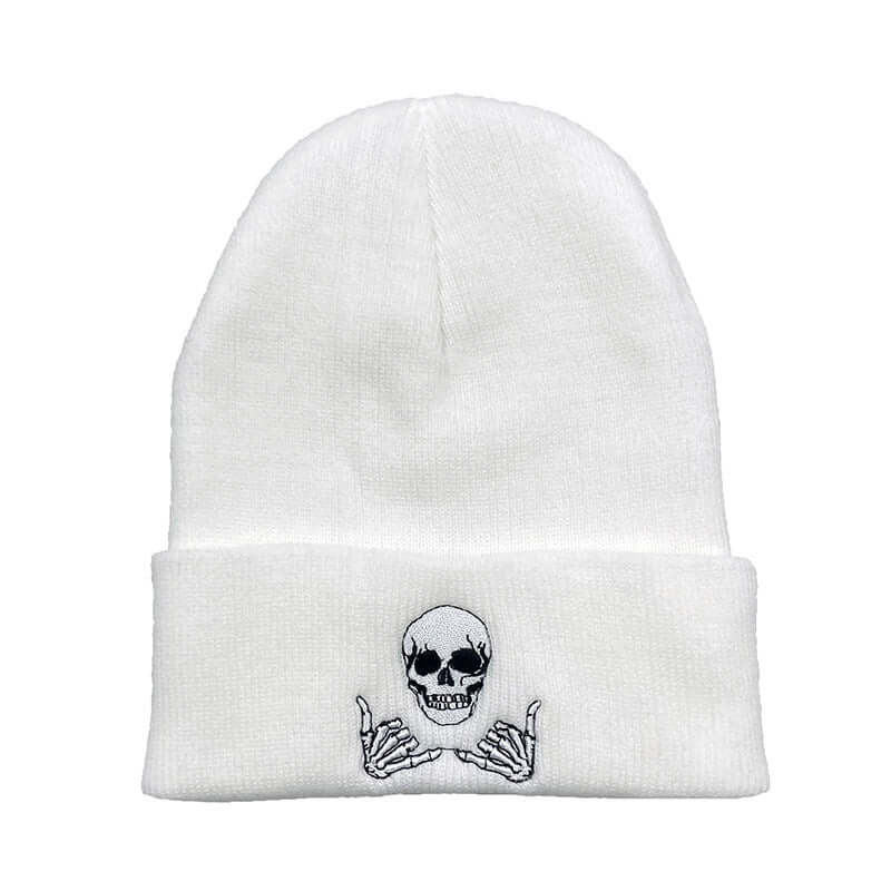 White knitted hat with skull and hands design, perfect for cold weather, by BONEHEAD PRO-CREATIONS.