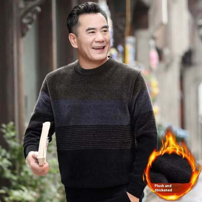 Middle-aged man wearing a winter fleece-lined pullover sweater, showcasing a plush thick fabric perfect for leisure.
