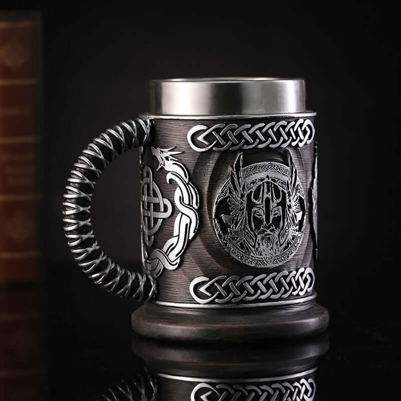 Minimalist creative home beer mug, stainless steel, 600ml, retro Viking design with intricate patterns.