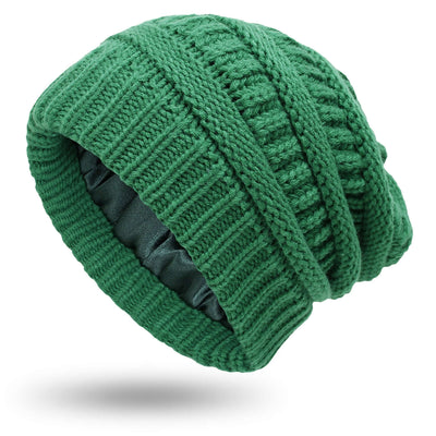 Warm green knitted hat with satin lining, perfect for winter and autumn, from BONEHEAD PRO-CREATIONS.