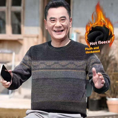 Middle-aged man wearing a warm fleece-lined pullover sweater, smiling outdoors, showcasing winter style and comfort.