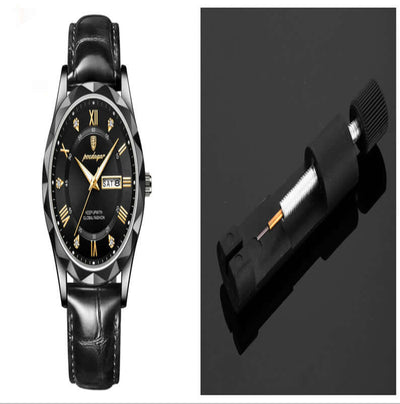 Luxury men's quartz wristwatch with black leather band and a watch adjuster tool for precise fitting.