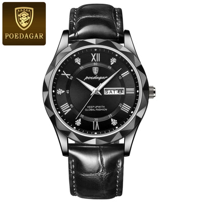 Men's luxury black quartz wrist watch with leather band and stylish face by Bonehead Pro-Creations.