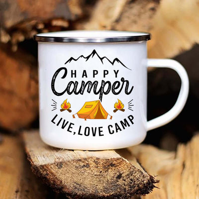 Happy Camper enamel mug with mountains and camping design, perfect for adventure and outdoor use.