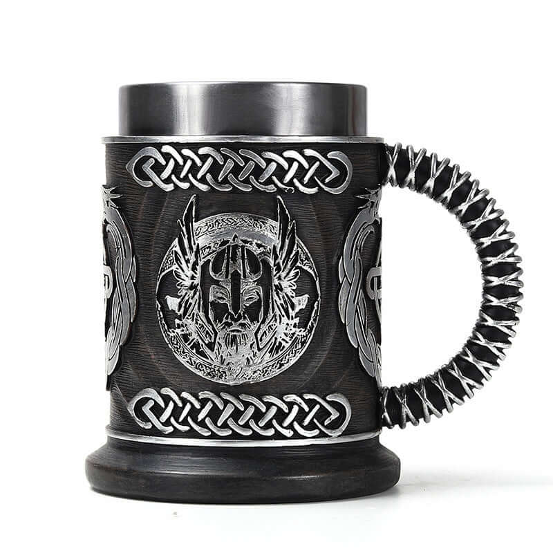 Stainless steel minimalist beer mug with Viking design, 600ml capacity, retro style, ideal for home or bar use.
