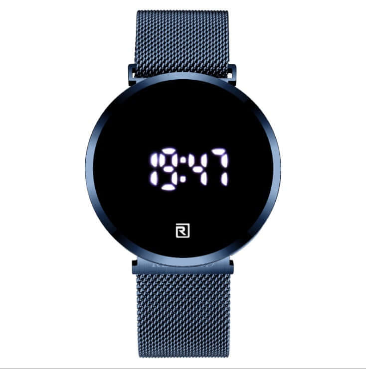 Digital men's wrist watch in blue with digital display and mesh strap from BONEHEAD PRO-CREATIONS.