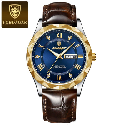 Luxury POEDAGAR men's wristwatch with blue face and brown leather strap, stylish and sophisticated timepiece.