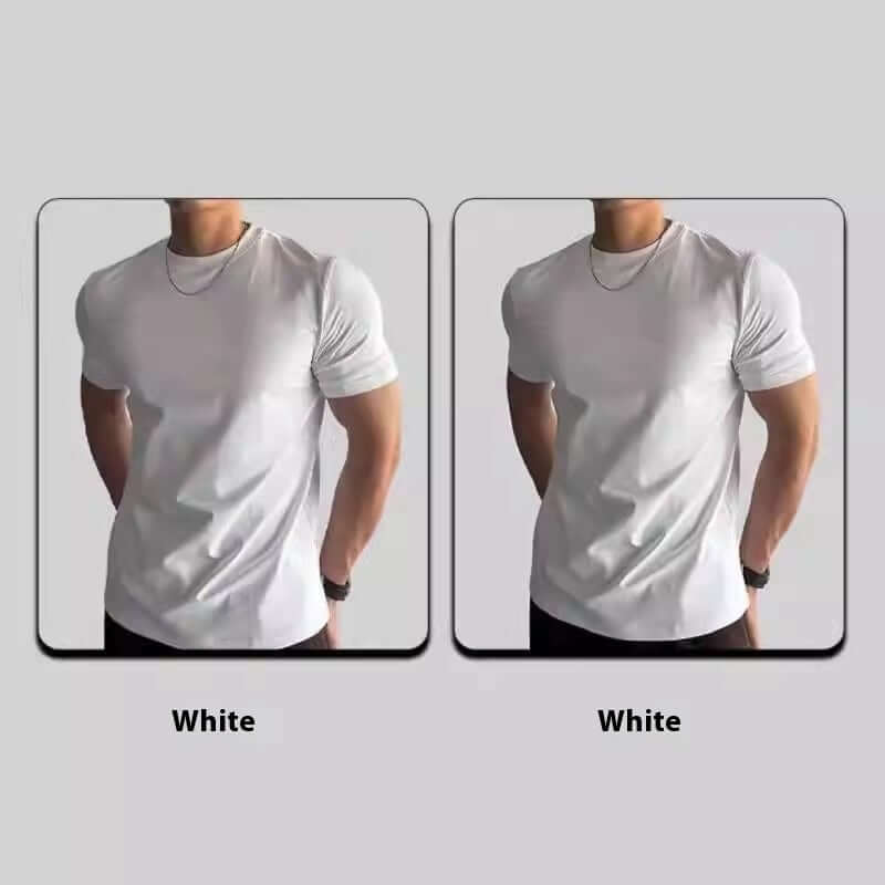 Men's white short-sleeved fitness t-shirt displayed from different angles, showcasing a slim fit design.