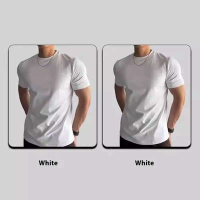 Men's white short-sleeved fitness t-shirt displayed from different angles, showcasing a slim fit design.