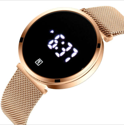 Stylish BONEHEAD PRO-CREATIONS digital men's watch with luminous display, sleek gold mesh strap, and 50m waterproof design.