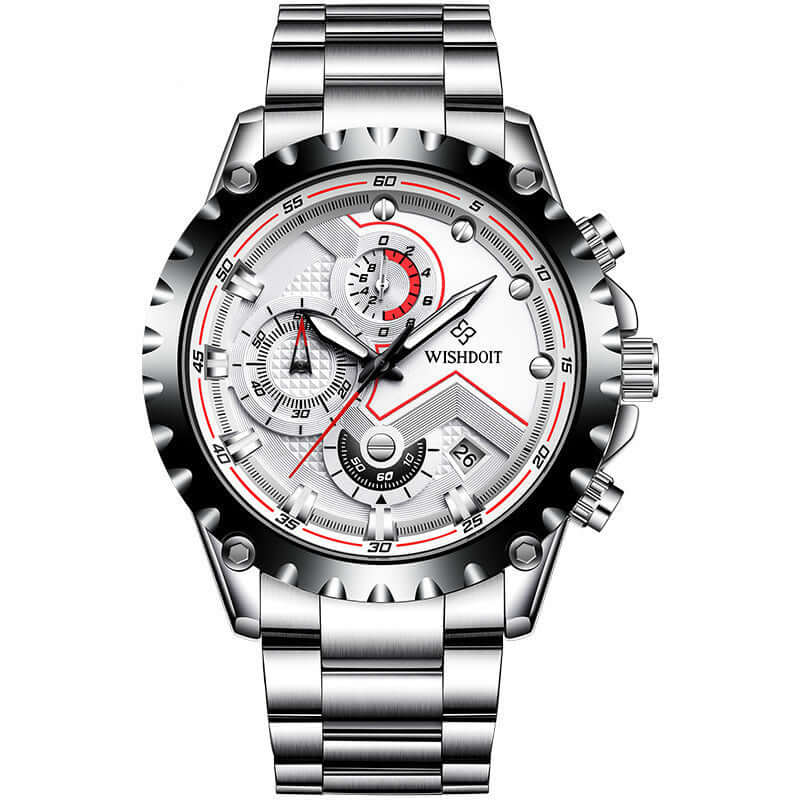 Men's quartz wrist watch with stainless steel band, round dial, 30M waterproof, from BONEHEAD PRO-CREATIONS.