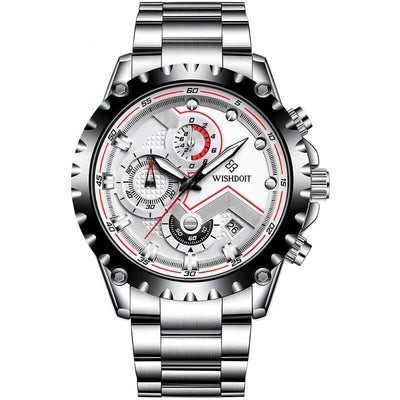 Men's quartz wrist watch with stainless steel band, round dial, 30M waterproof, from BONEHEAD PRO-CREATIONS.