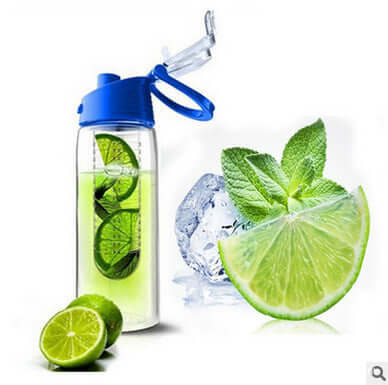 Transparent water bottle with lime slices and mint leaves, featuring a blue lid for outdoor sports and hydration.