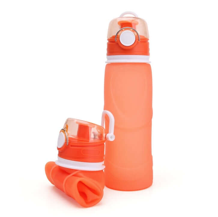 Silicone folding water bottle set in orange, showcasing a portable design and food-grade material, 701-800ml capacity.