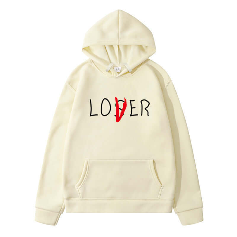 Unisex winter hoodie for couples featuring printed 'LOVER' design, perfect for leisure wear.