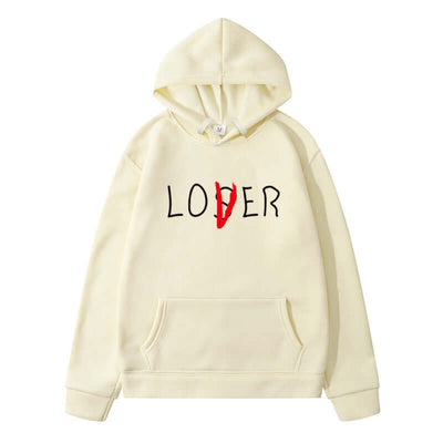 Unisex winter hoodie for couples featuring printed 'LOVER' design, perfect for leisure wear.