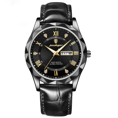 Luxury men's quartz wrist watch with black leather strap and gold accents, from BONEHEAD PRO-CREATIONS.