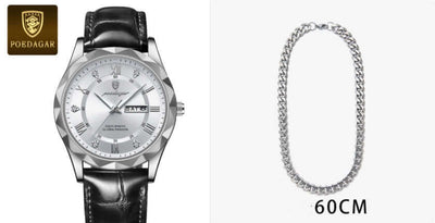 Men's luxury quartz watch with black leather band and silver face, alongside 60cm silver chain necklace.