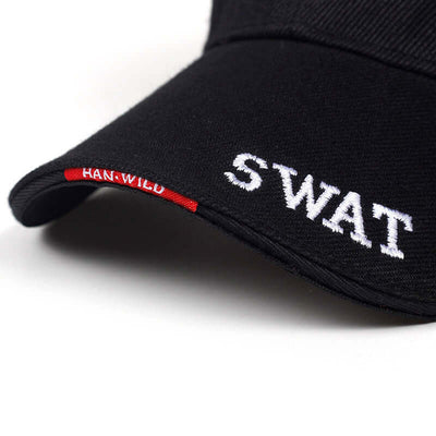 Black baseball cap featuring embroidered 'SWAT' text and stylish design from BONEHEAD PRO-CREATIONS.