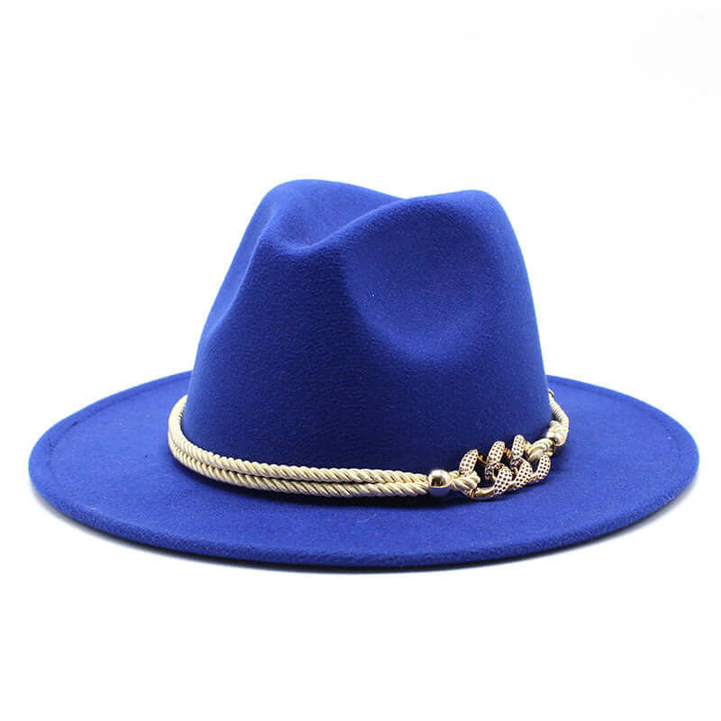 Women's fedora hat by BONEHEAD PRO-CREATIONS in blue with a stylish gold chain accent. Vintage fashion accessory.