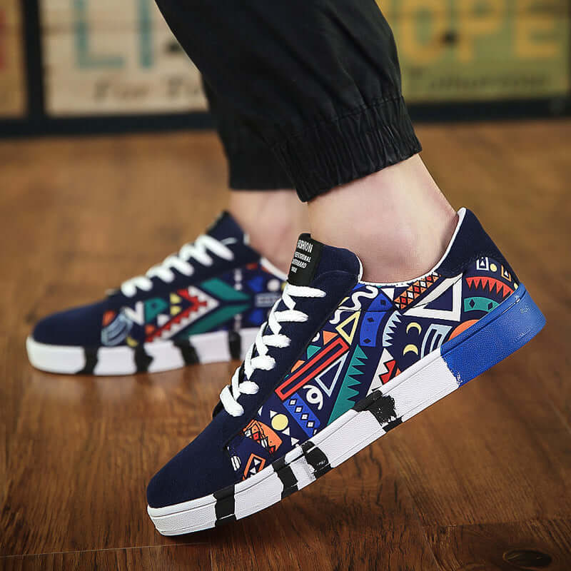 Trendy canvas shoes with vibrant geometric patterns, perfect for spring and summer from BONEHEAD PRO-CREATIONS.
