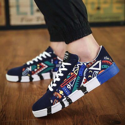 Trendy canvas shoes with vibrant geometric patterns, perfect for spring and summer from BONEHEAD PRO-CREATIONS.