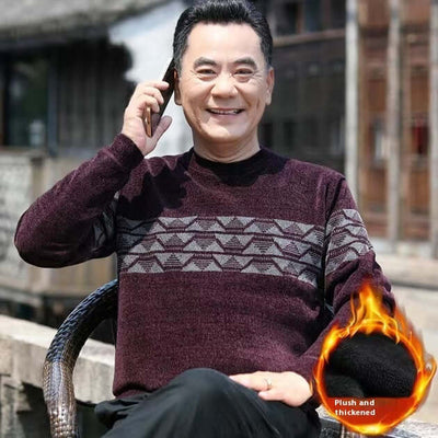 Middle-aged man wearing a warm fleece-lined pullover sweater in burgundy with patterned design, suitable for winter