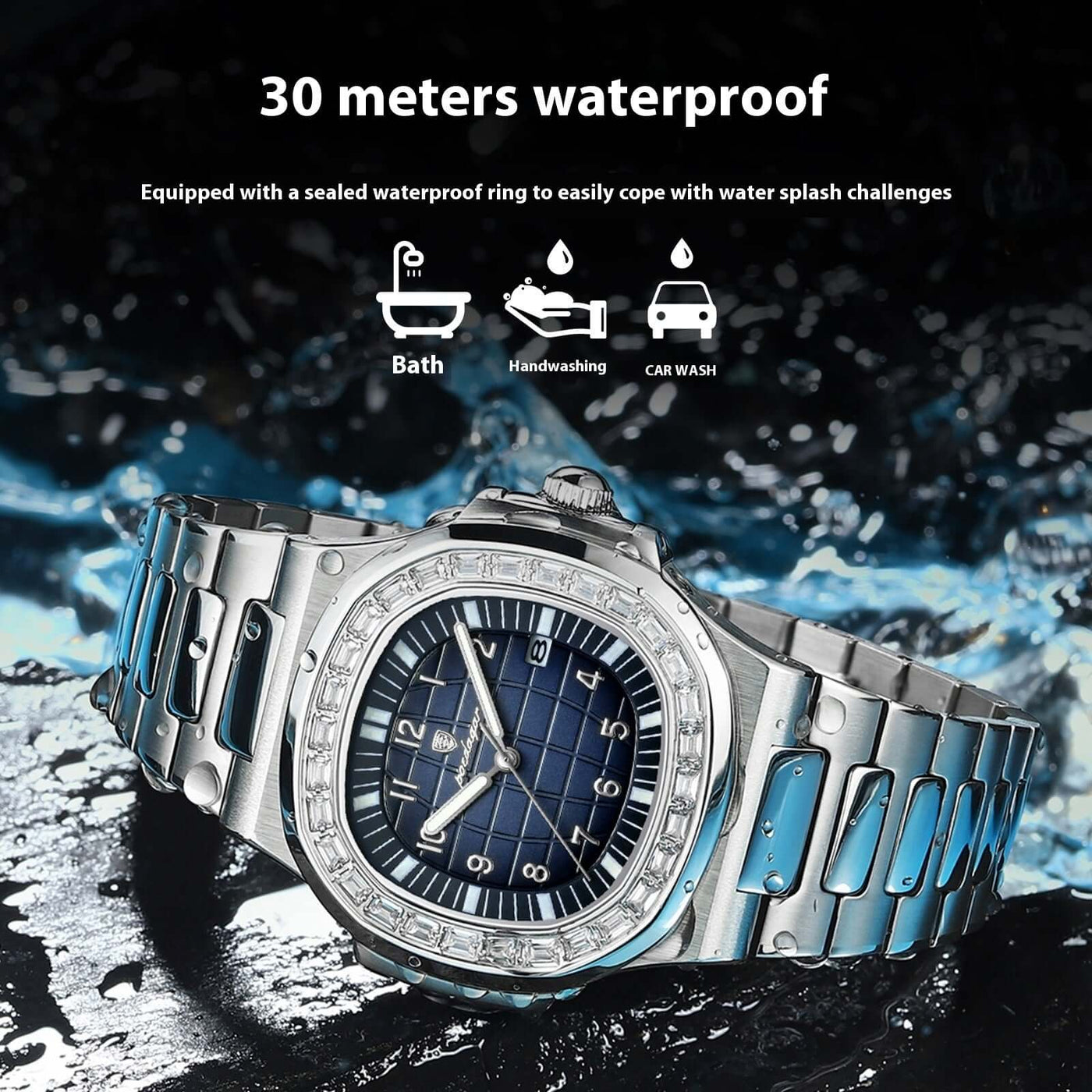 Men's luxury waterproof watch featuring stainless steel strap and blue dial, perfect for swimming and daily wear.