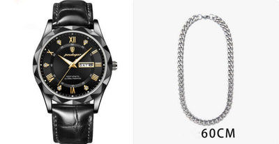 Luxury men's leather belt watch by BONEHEAD PRO-CREATIONS, featuring a black dial and stylish silver chain necklace.