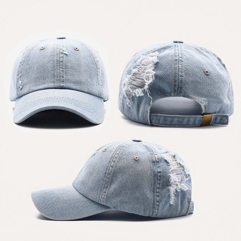 Distressed denim baseball cap for men and women, adjustable size, casual style by BONEHEAD PRO-CREATIONS.