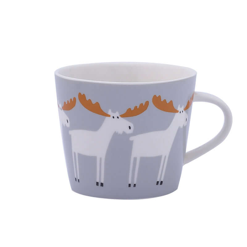 Ceramic coffee mug featuring cute moose design in gray, perfect for Nordic-style decor and cozy drinks.