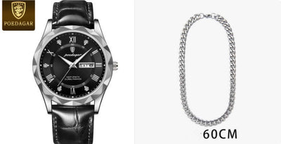 Luxury men's black leather strap quartz watch beside a silver chain, perfect for stylish looks.