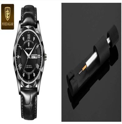 Luxury black leather strap watch by POEDAGAR with date display and sleek design.
