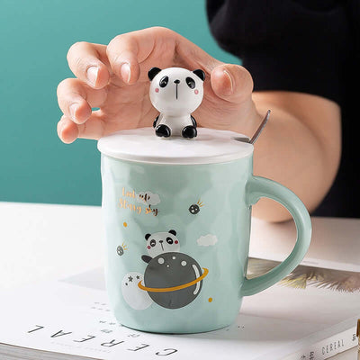 Creative animal cartoon ceramic mug with panda lid and spoon, perfect for household use, accommodates 350ml.