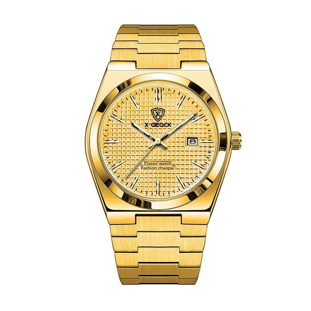 Men's gold stainless steel quartz watch with textured dial and date feature, from BONEHEAD PRO-CREATIONS.