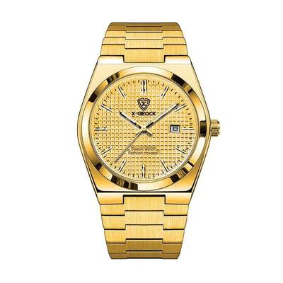 Men's gold stainless steel quartz watch with textured dial and date feature, from BONEHEAD PRO-CREATIONS.